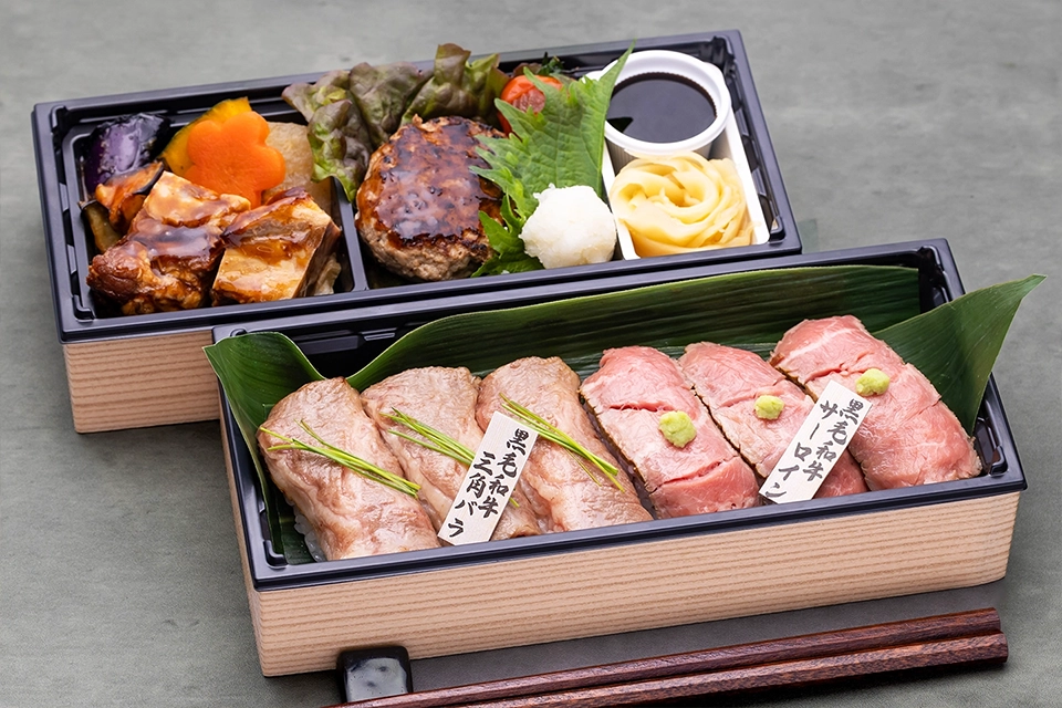 黒毛和牛 二種の極上握りと和風ハンバーグの特撰二段重