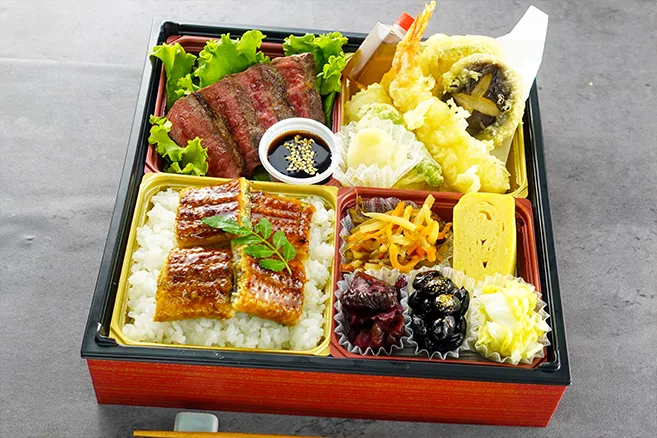 鰻めしと国産牛和風ステーキ、天ぷら盛りの神膳│企業・法人向け高級 