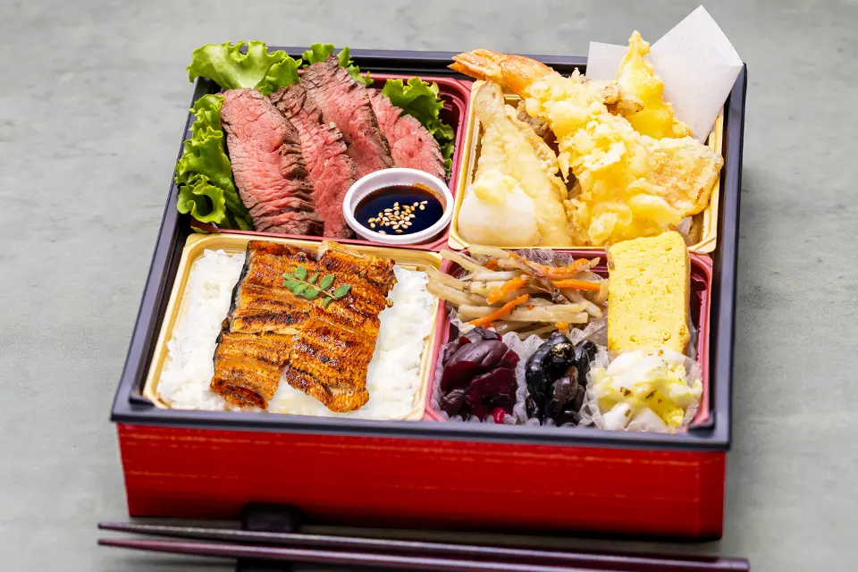 鰻めしと国産牛和風ステーキ、天ぷら盛りの神膳